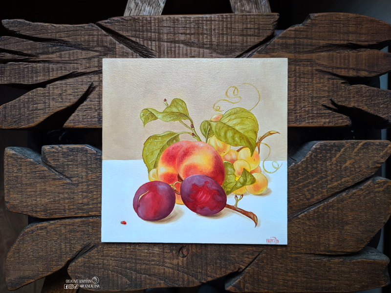 Oil Painting Still life "A peach, two red plums and yellow grape" by Inna Kapitun #08/24 1