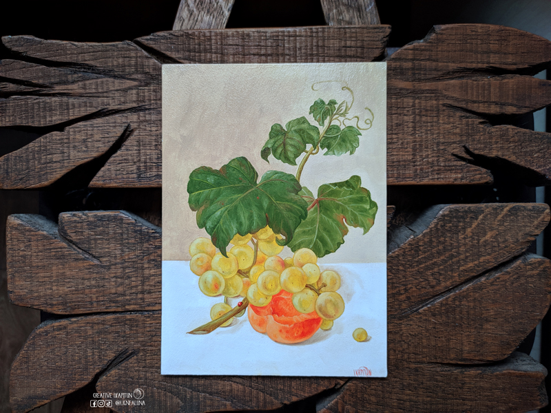 Oil Painting Still life "A vine with yellow grapes and half an apricot" #13/24 1