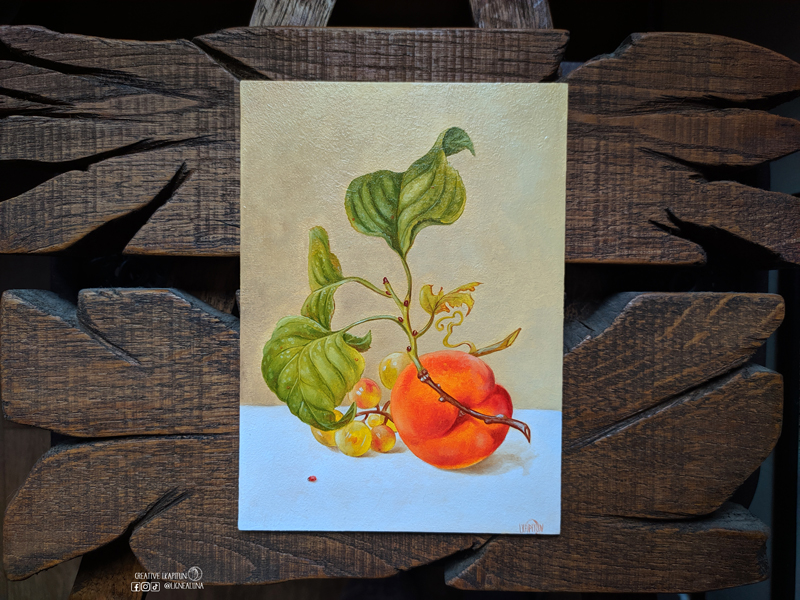 Oil Painting Still life "Branch with apricot and green grapes" by Inna Kapitun #04/24 1