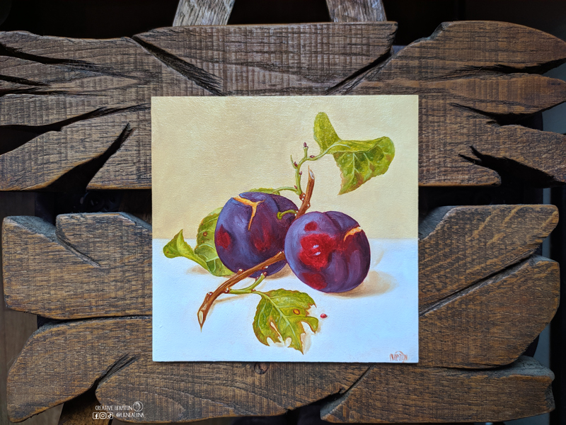Oil Painting Still life "Two blue plums on a branch" by Inna Kapitun #05/24 1
