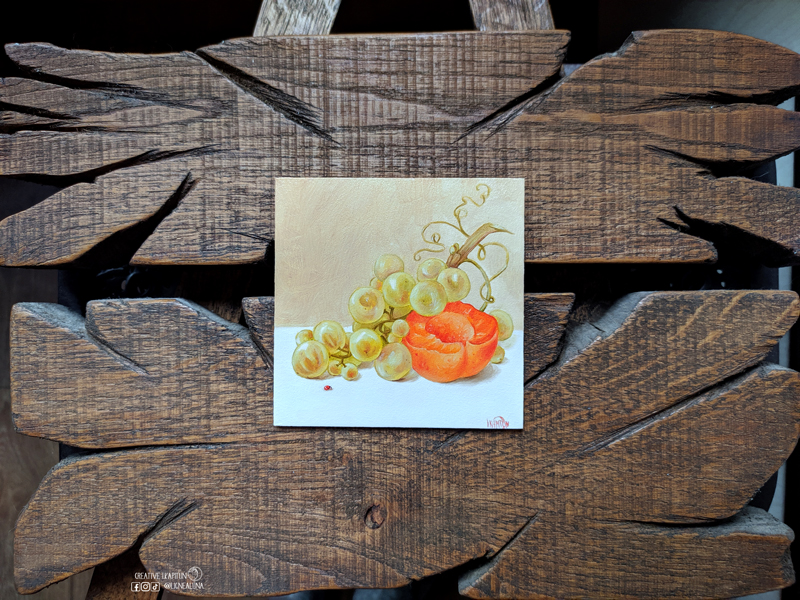 Oil Painting Still life "White grapes and half an apricot " by Inna Kapitun #11/24 1