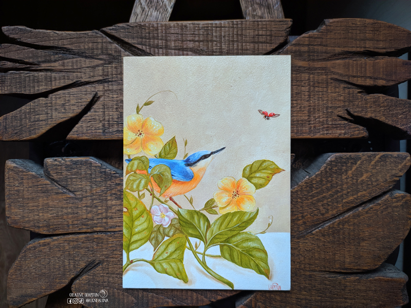 Oil Painting Still life "Wood nuthatch among yellow flowers" #16/24 1
