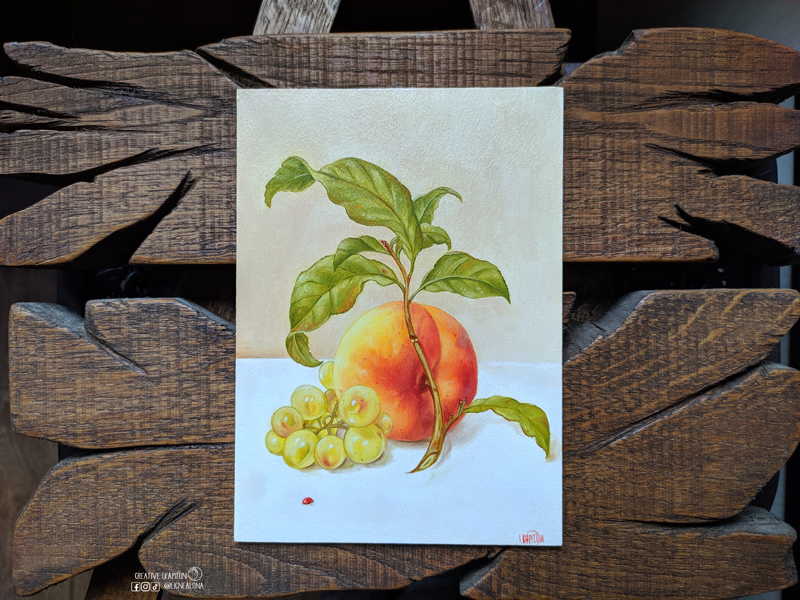 Oil Painting Still life "Yellow grapes and peach on a branch #10/24 1