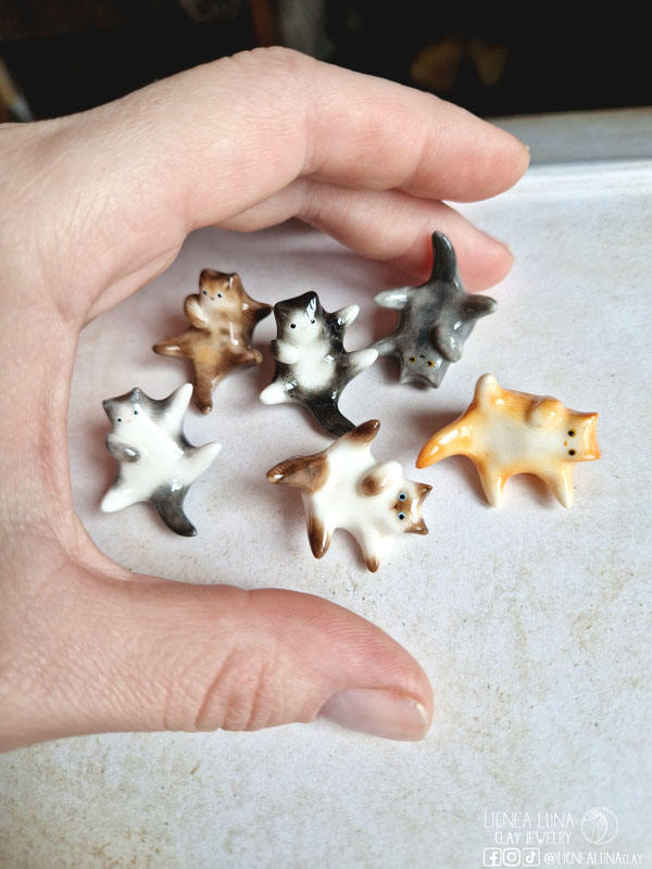 Tiny ceramic Lying or sitting fat cat figurines handmade 3