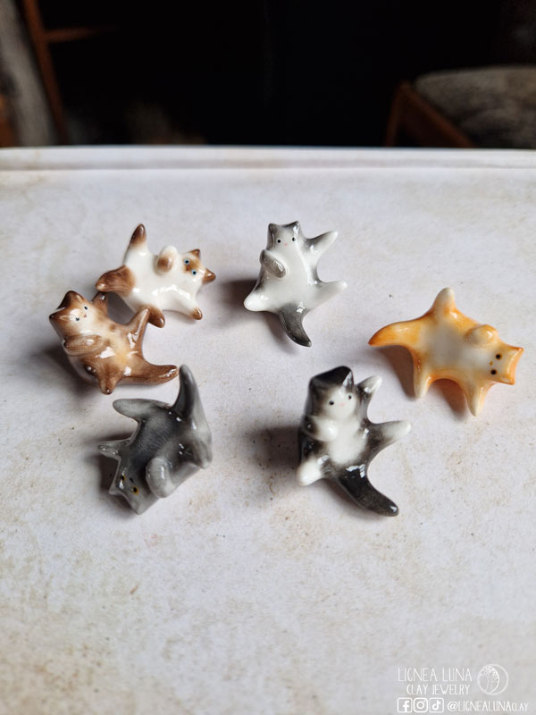 Tiny ceramic Lying or sitting fat cat figurines handmade 2
